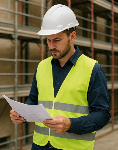 Tecnico in cantiere Tecnico di Crea Ponteggi che esamina il progetto di un ponteggio con struttura di ponteggio sullo sfondo